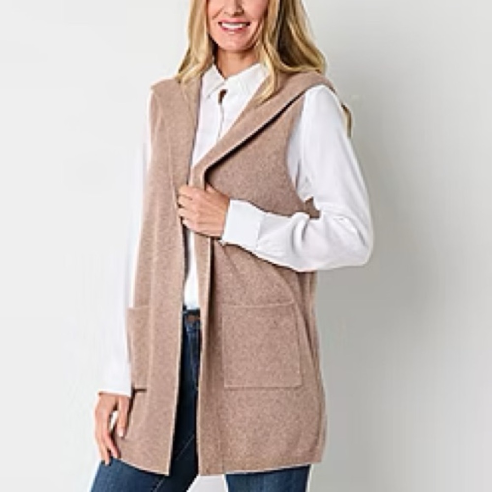 Liz Claiborne Tan Hooded Sweater Vest Cardigan One Size NWT